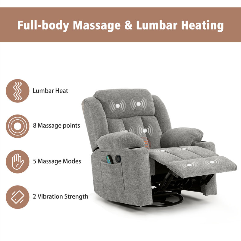 Latitude Run Swivel Rocker Recliner Chair with Massage and Heat Limestone
